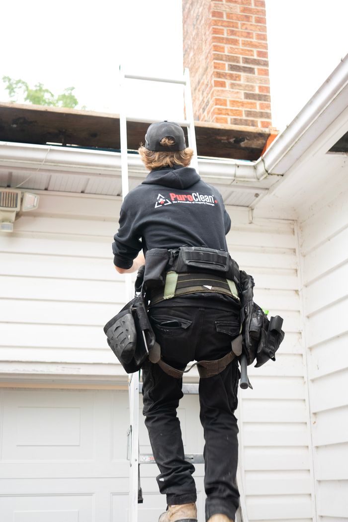 Mastering the First Impression: Your intriguing post title goes here Roofer in safety gear climbs ladder for chimney inspection. Outdoor maintenance work.